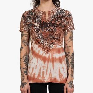 NWT Affliction Reversible‎ Graphic Tee XL Brown Tie-Dye Cutout Back Size XL